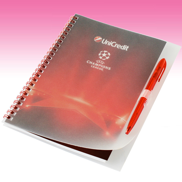 Cahier à spirale A5 avec couverture PPL et stylo SKU 035 | Fabricant de gadgets et post its personnalisés | Cahier à spirale avec stylo
