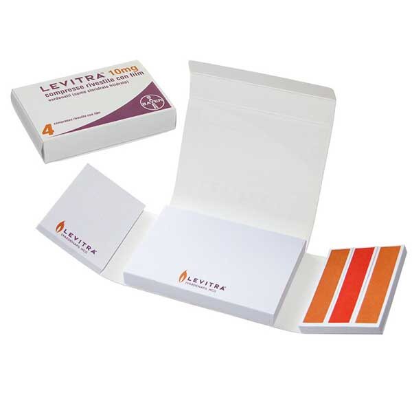 Memotack paper index with branded drug imitation packaging.