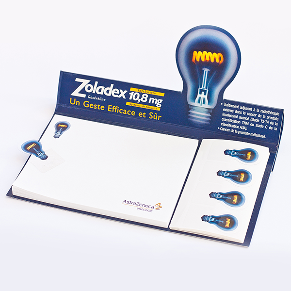 Memotack sticky notepad with crowner shaped display and bespoke plastic flags SKU 440 |