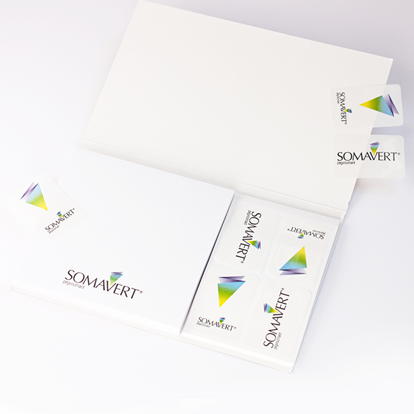 Sticky notepad with cover and bespoke index flag. Somavert