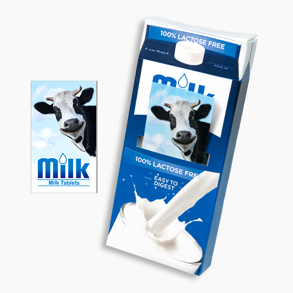 Index flag with bespoke case, product packaging copy. Milk-cow