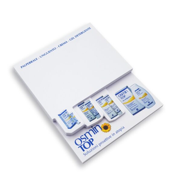 Post-it Step Standard shape 4 sticky notepads, 4 different die-cuts. Bespoke printing. Osmin Top Gaviscon