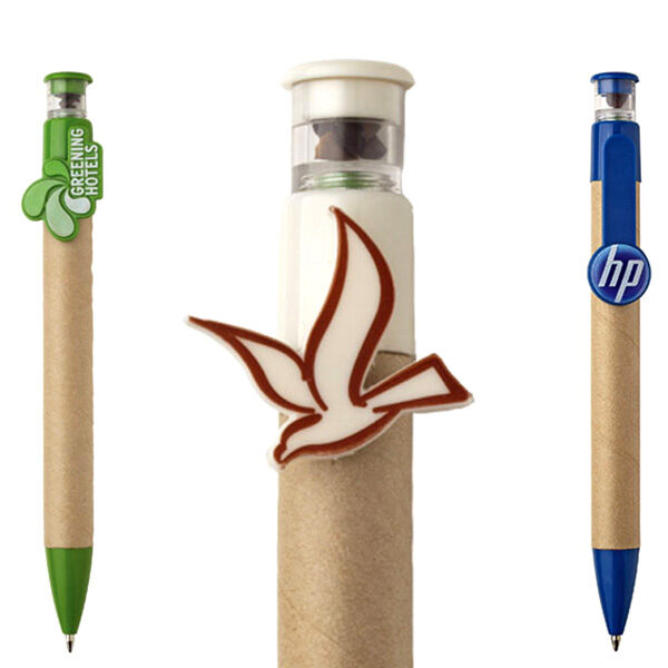 Penna in carta e plastica ecologica. Personalizzata con logo e clip sagomata su misura