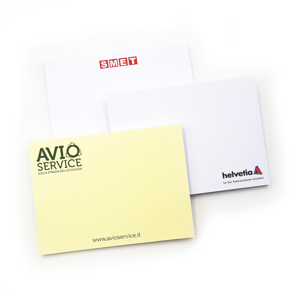 Memotack, standard sticky memo pad, adhesive paper 102x75 mm, bespoke with corporate image