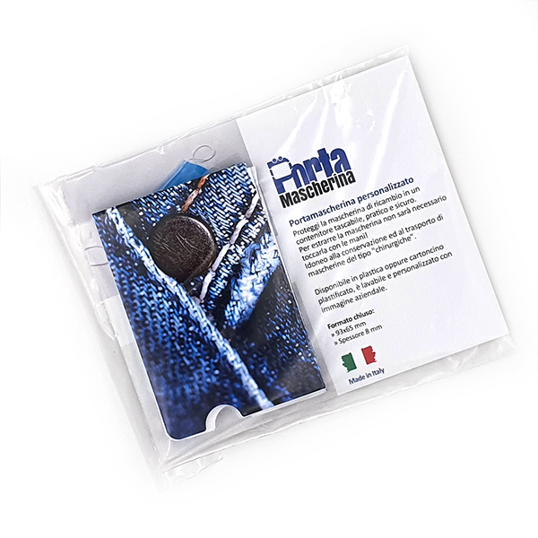 portamascherina soggetto jeans e cartoncino esplicativo in sacchettino