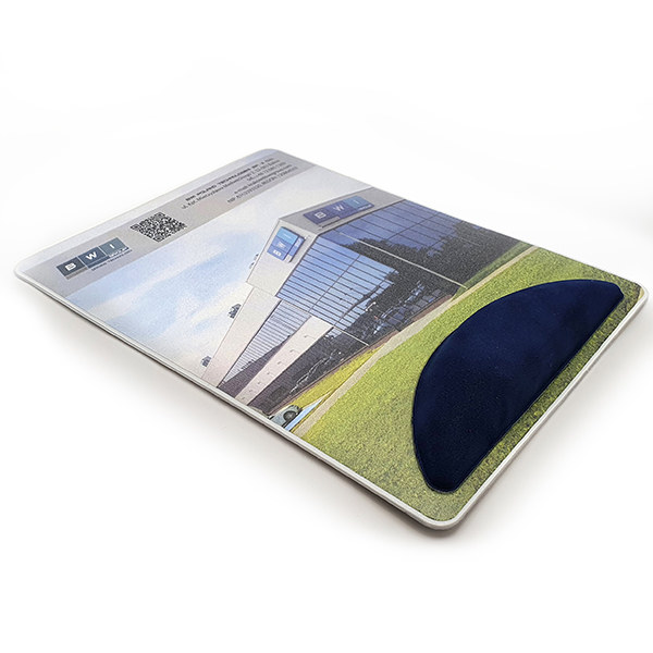 Mouse pad with blue flocked wristrest, ergonomic and customized (velvetlike) perspective