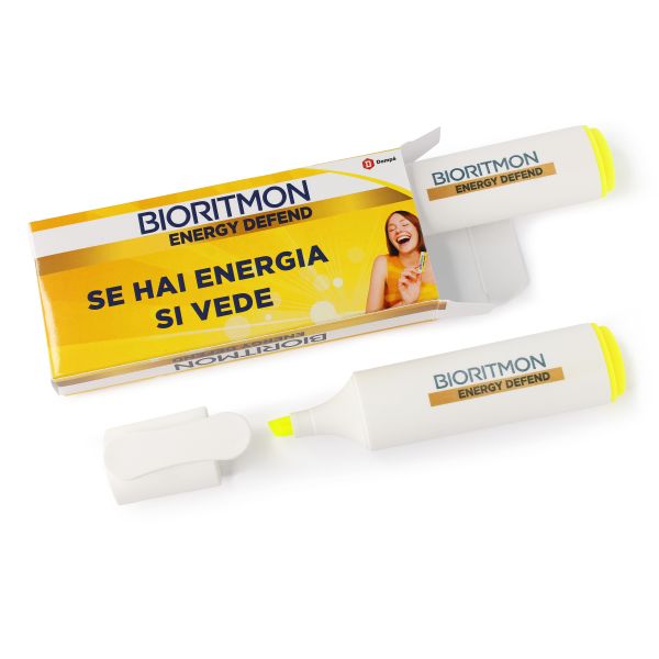 Astuccio imitazione farmaco in cartoncino con 2 evidenziatori personalizzati con logo esempio Bioritmon