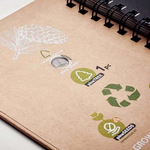 Notebook FSC ecologico con semi e stampa logo. Seconda copertina, accesso semi