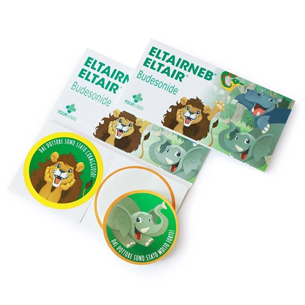 Pediatric stickers with cardboard cover. Bespoke corporate gadget