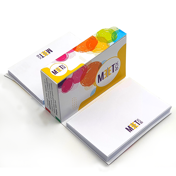 Meet Box | Meet Box 2 post it 50×75 mm 50 feuilles étui en carton dimensions fermée 75x50x30 mm Réplique de produit sur mesure Personnalisation de 1 à 4 couleurs
