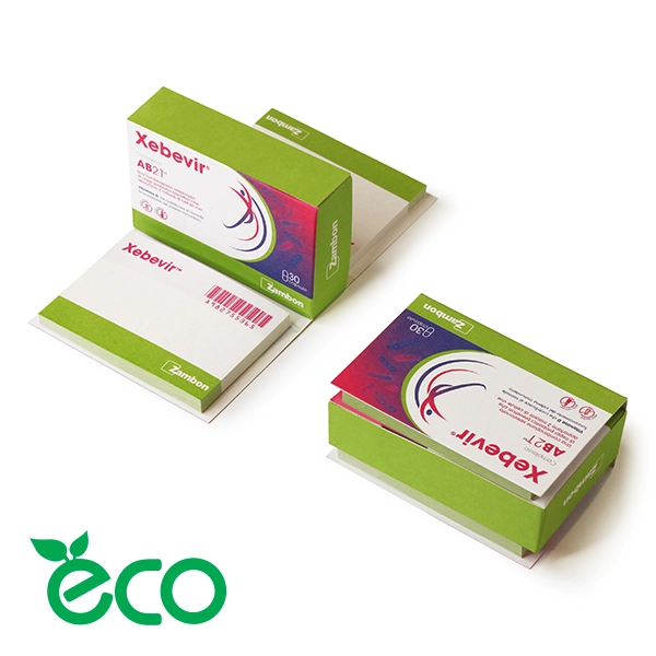 Meet Box | Meet Box closed 75x50x30 mm cardboard case full colors printed in the appearance of medicine packaging It comes with a double sized 102x75 mm post it note